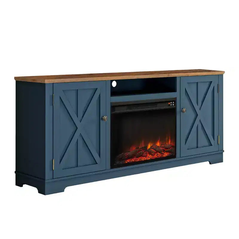 Meuble TV de ferme de 70 po pour téléviseurs jusqu'à 75 po avec foyer électrique bleu marine : Meuble de divertissement, console multimédia