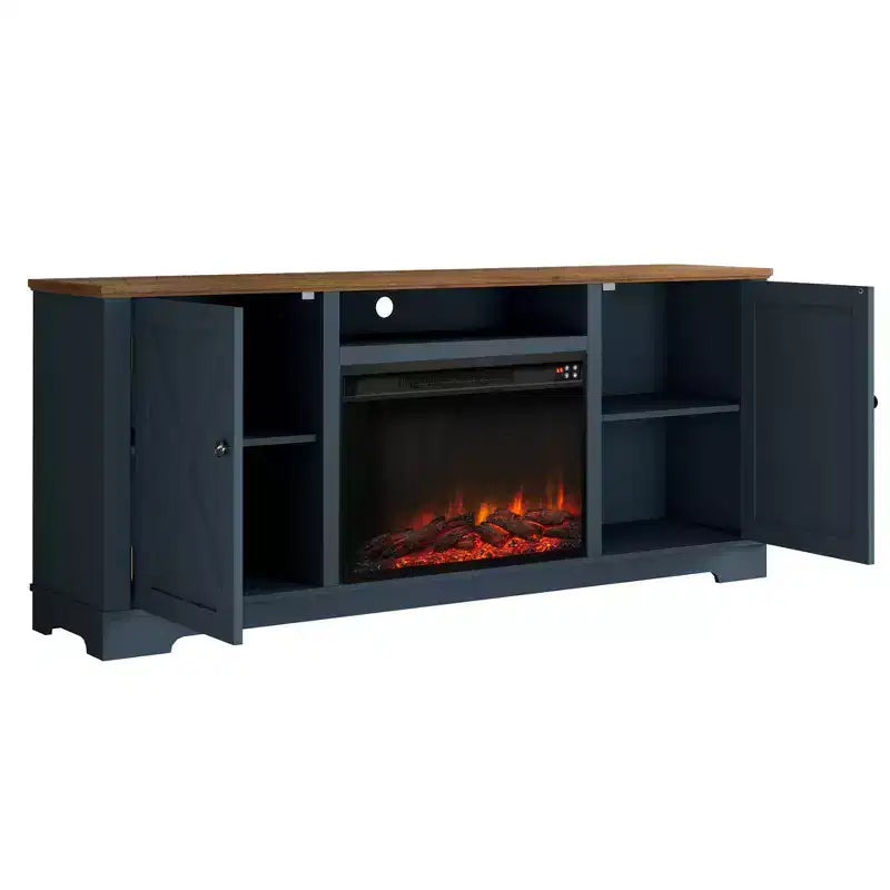 Meuble TV de ferme de 70 po pour téléviseurs jusqu'à 75 po avec foyer électrique bleu marine : Meuble de divertissement, console multimédia
