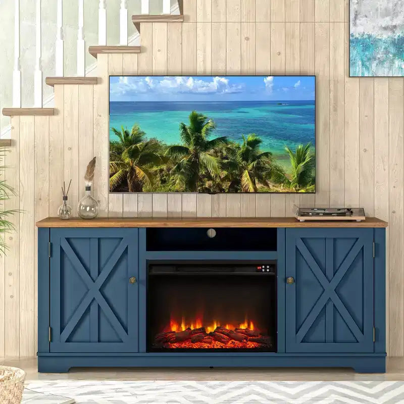 Meuble TV de ferme de 70 po pour téléviseurs jusqu'à 75 po avec foyer électrique bleu marine : Meuble de divertissement, console multimédia