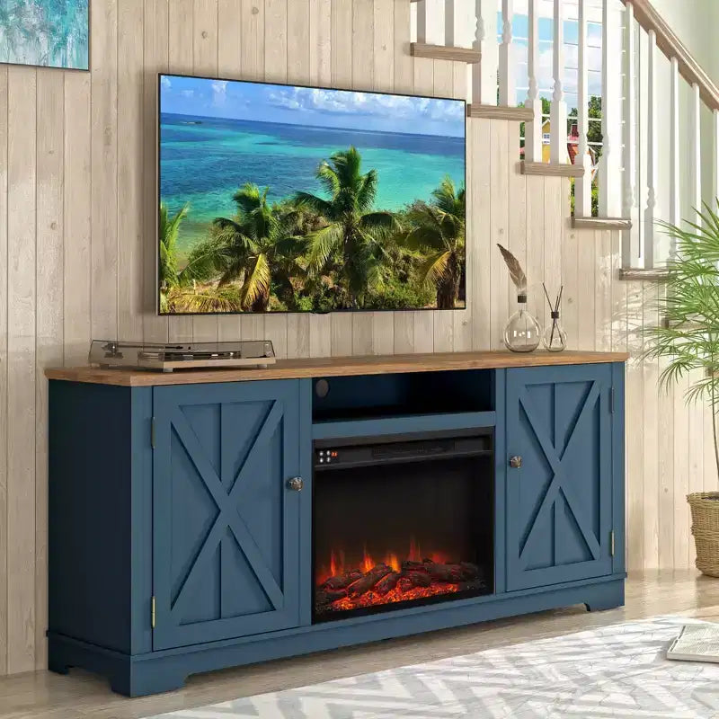 Meuble TV de ferme de 70 po pour téléviseurs jusqu'à 75 po avec foyer électrique bleu marine : Meuble de divertissement, console multimédia