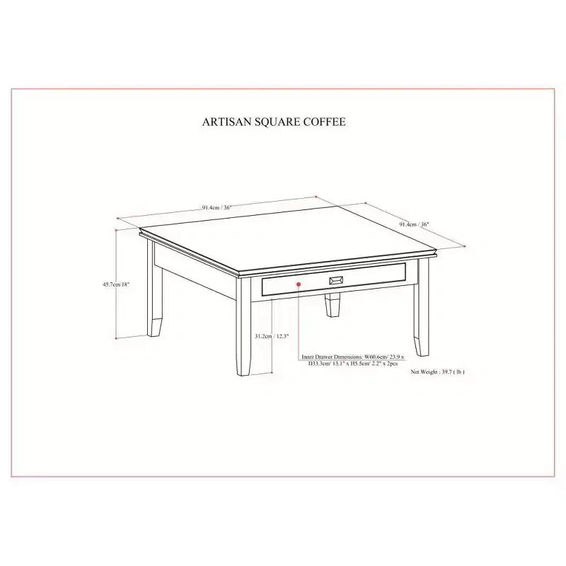 Table basse carrée Stratford, marron roux - : composite de bois transitionnel, tiroirs de rangement, 36 po carré
