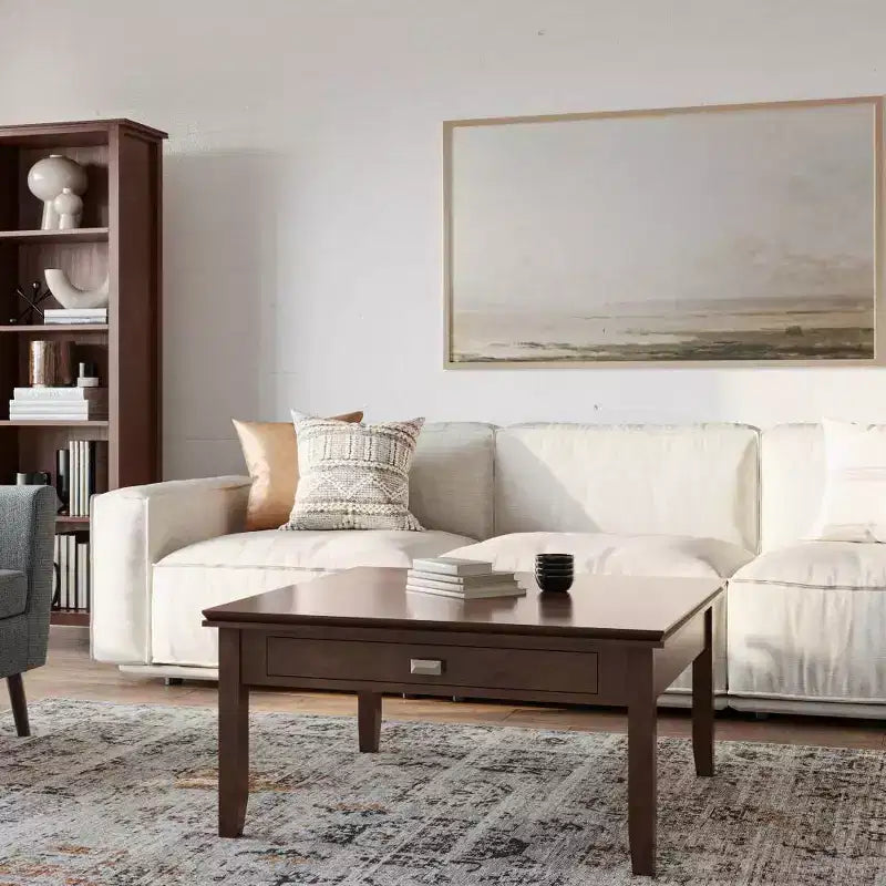 Table basse carrée Stratford, marron roux - : composite de bois transitionnel, tiroirs de rangement, 36 po carré