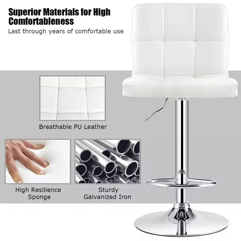 Tabouret de bar sans accoudoirs réglable, dossier complet, pivotant, pour cuisine et comptoir, en cuir PU blanc