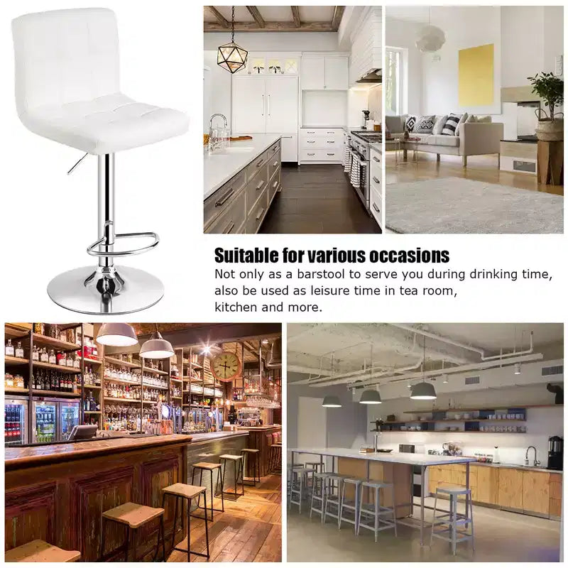Tabouret de bar sans accoudoirs réglable, dossier complet, pivotant, pour cuisine et comptoir, en cuir PU blanc
