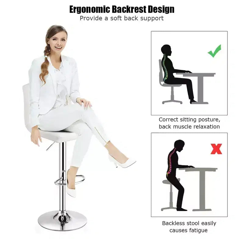 Tabouret de bar sans accoudoirs réglable, dossier complet, pivotant, pour cuisine et comptoir, en cuir PU blanc