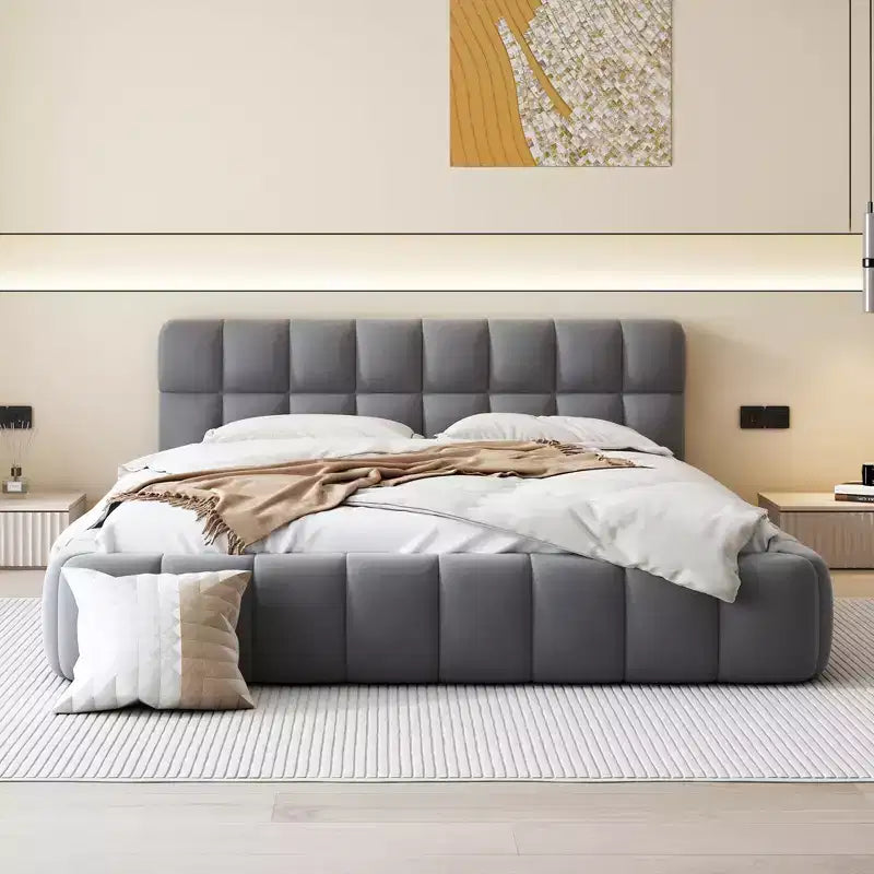 Lit plateforme capitonné Queen/King Size avec tissu épais, lit au sol avec cadre solide