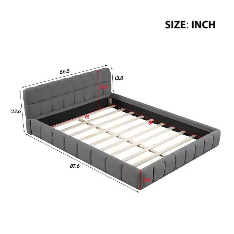 Lit plateforme capitonné Queen/King Size avec tissu épais, lit au sol avec cadre solide