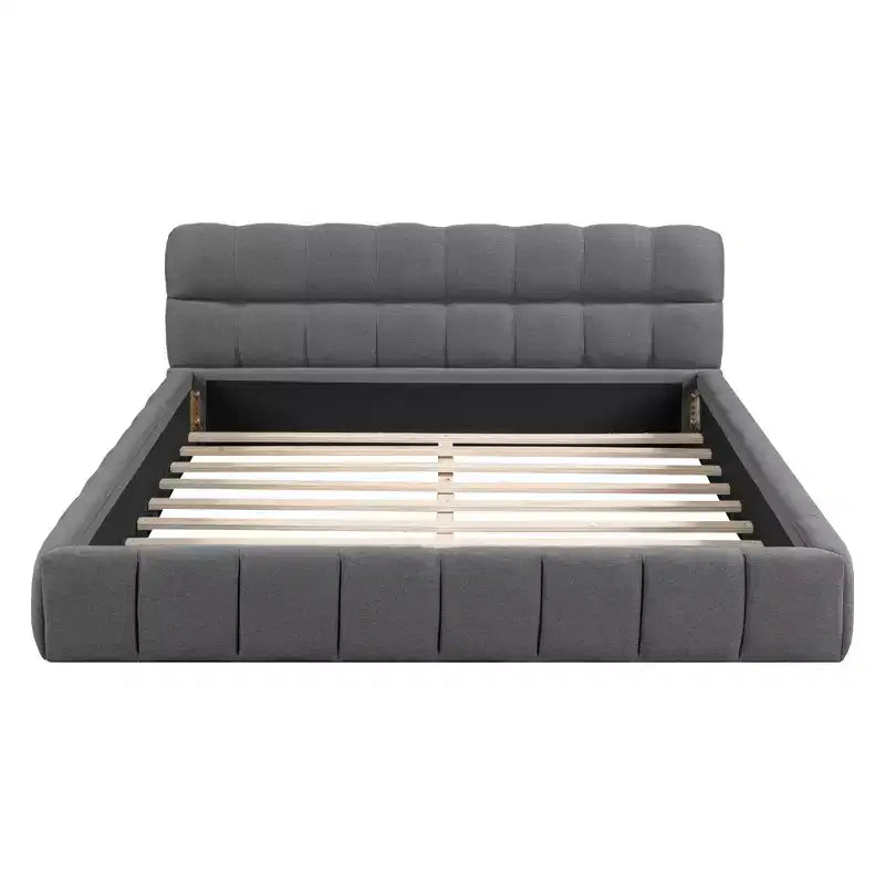 Lit plateforme capitonné Queen/King Size avec tissu épais, lit au sol avec cadre solide