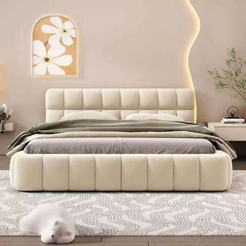 Lit plateforme capitonné Queen/King Size avec tissu épais, lit au sol avec cadre solide