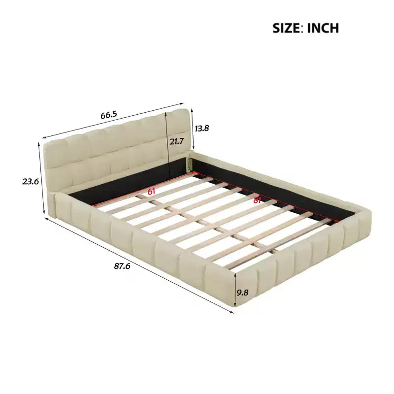 Lit plateforme capitonné Queen/King Size avec tissu épais, lit au sol avec cadre solide