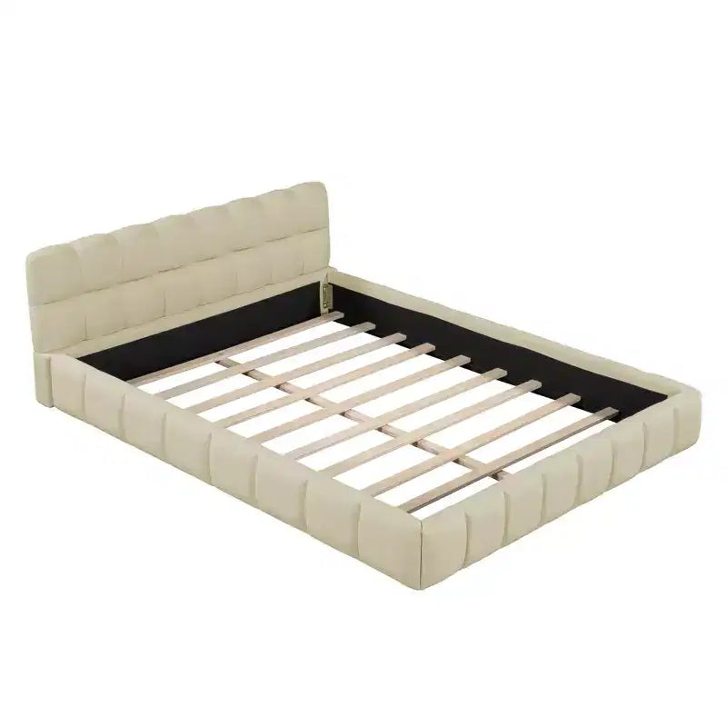 Lit plateforme capitonné Queen/King Size avec tissu épais, lit au sol avec cadre solide