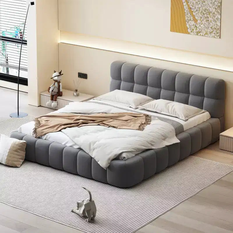 Lit plateforme capitonné Queen/King Size avec tissu épais, lit au sol avec cadre solide