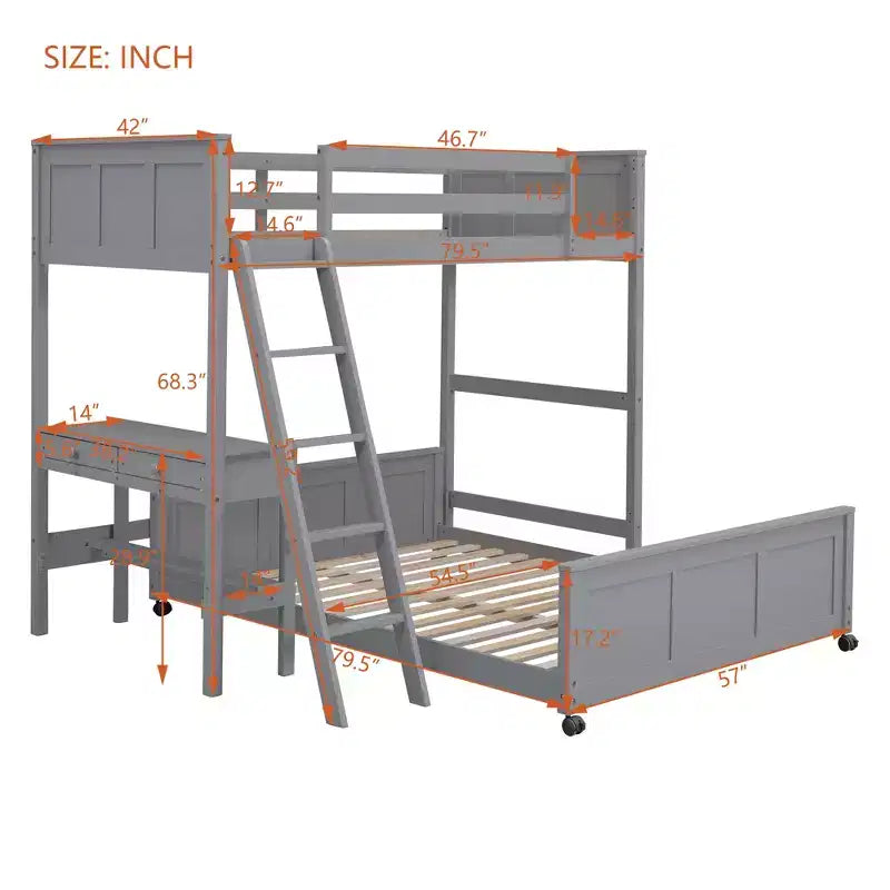 Lit superposé en bois double sur double/simple sur double avec bureau et échelle