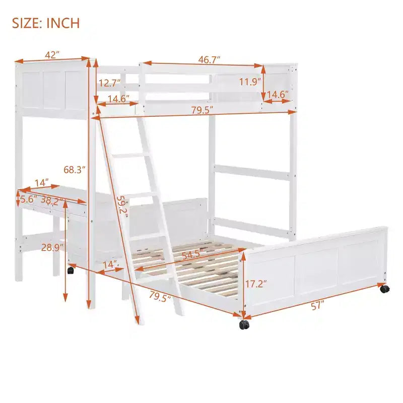 Lit superposé en bois double sur double/simple sur double avec bureau et échelle