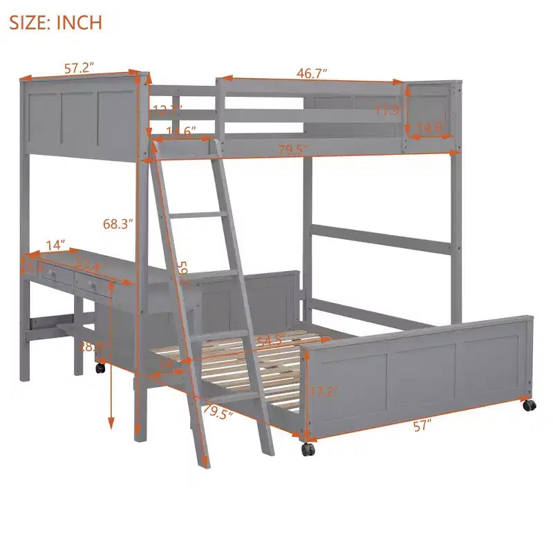 Lit superposé en bois double sur double/simple sur double avec bureau et échelle