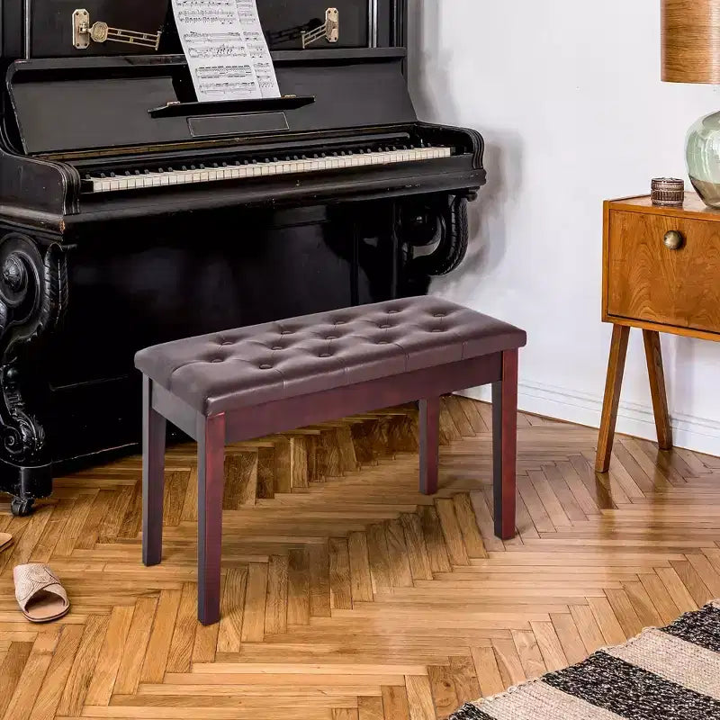Banc de piano 2 places rembourré en similicuir et bouleau de style campagnard traditionnel