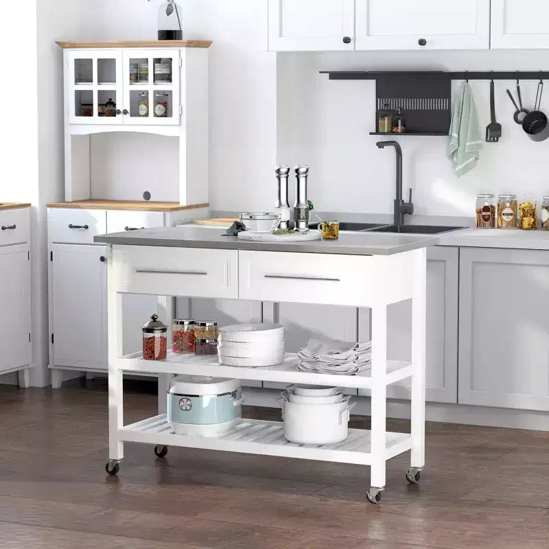 Îlot de cuisine avec plateau en acier inoxydable, îlot de cuisine traditionnel avec rangement, étagères ouvertes à 2 niveaux, tiroirs