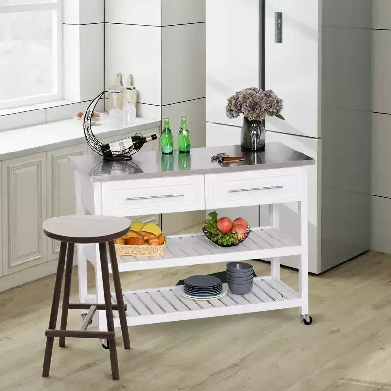 Îlot de cuisine avec plateau en acier inoxydable, îlot de cuisine traditionnel avec rangement, étagères ouvertes à 2 niveaux, tiroirs