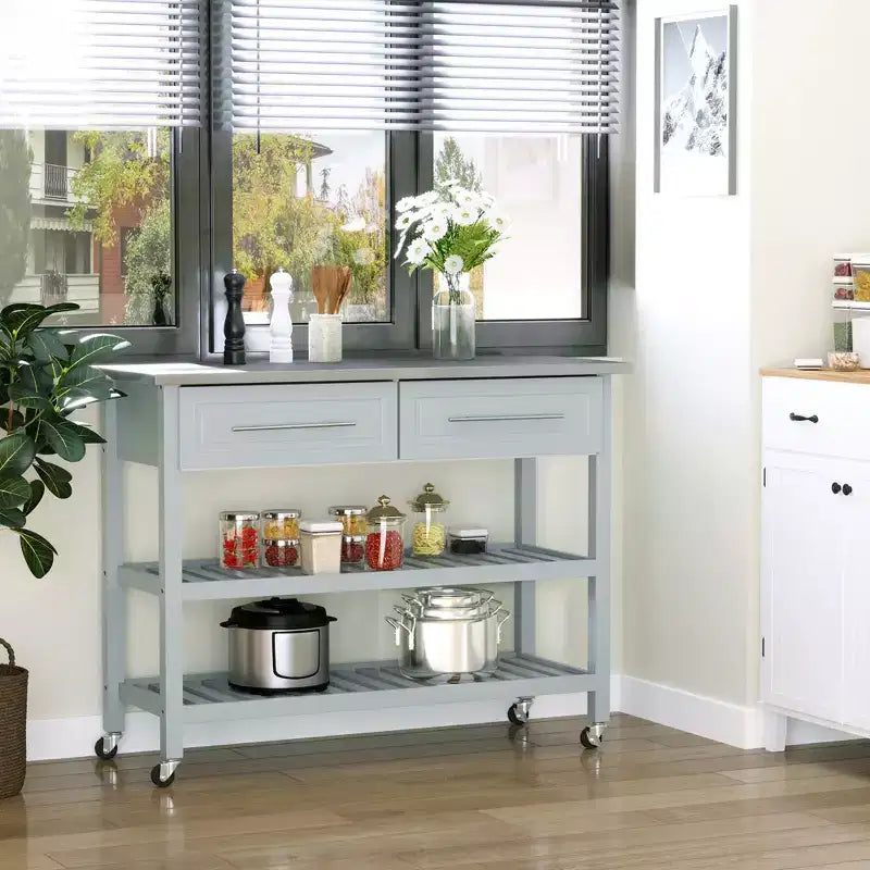 Îlot de cuisine avec plateau en acier inoxydable, îlot de cuisine traditionnel avec rangement, étagères ouvertes à 2 niveaux, tiroirs