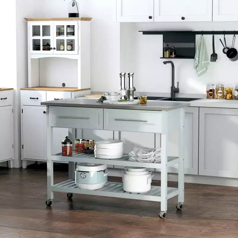 Îlot de cuisine avec plateau en acier inoxydable, îlot de cuisine traditionnel avec rangement, étagères ouvertes à 2 niveaux, tiroirs