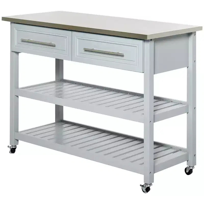 Îlot de cuisine avec plateau en acier inoxydable, îlot de cuisine traditionnel avec rangement, étagères ouvertes à 2 niveaux, tiroirs