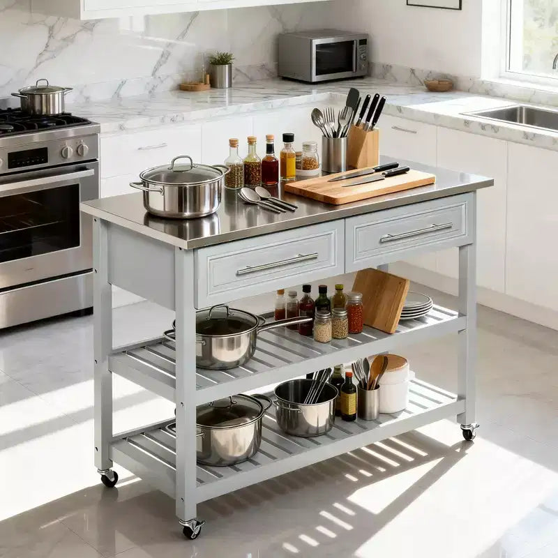 Îlot de cuisine avec plateau en acier inoxydable, îlot de cuisine traditionnel avec rangement, étagères ouvertes à 2 niveaux, tiroirs