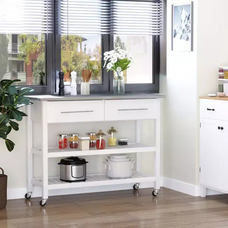 Îlot de cuisine avec plateau en acier inoxydable, îlot de cuisine traditionnel avec rangement, étagères ouvertes à 2 niveaux, tiroirs