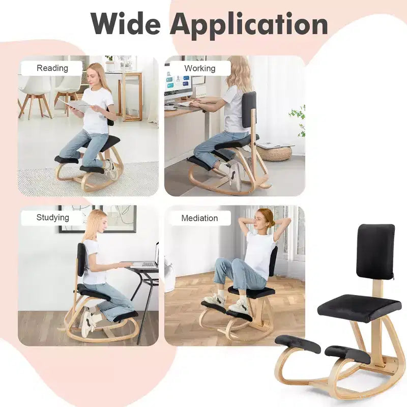 Chaise ergonomique à genoux Posture droite Chaise de soutien en velours avec dossier Noir/Gris