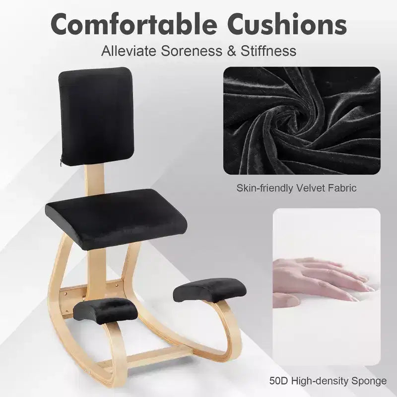 Chaise ergonomique à genoux Posture droite Chaise de soutien en velours avec dossier Noir/Gris