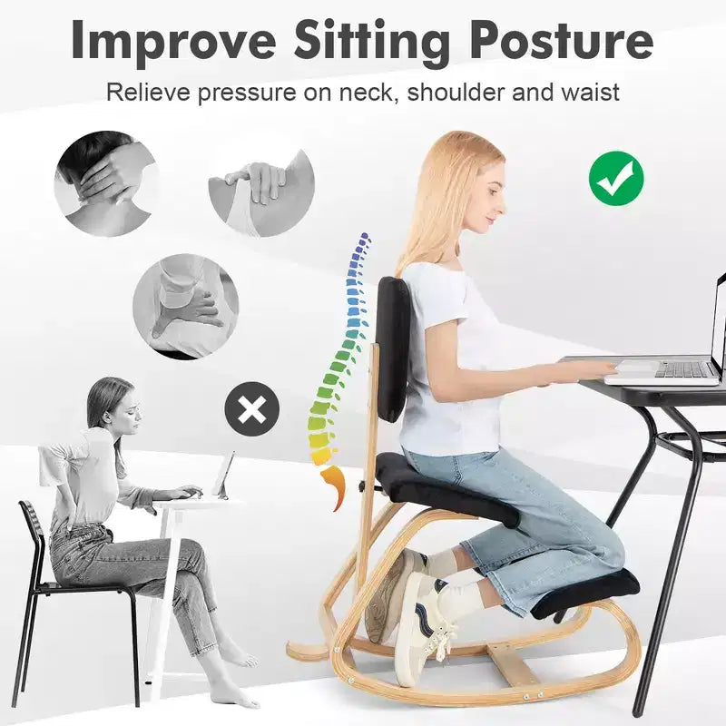 Chaise ergonomique à genoux Posture droite Chaise de soutien en velours avec dossier Noir/Gris