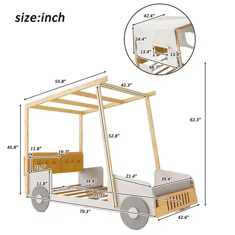 Lit de voiture en bois avec oreillers, tissu de plafond, naturel