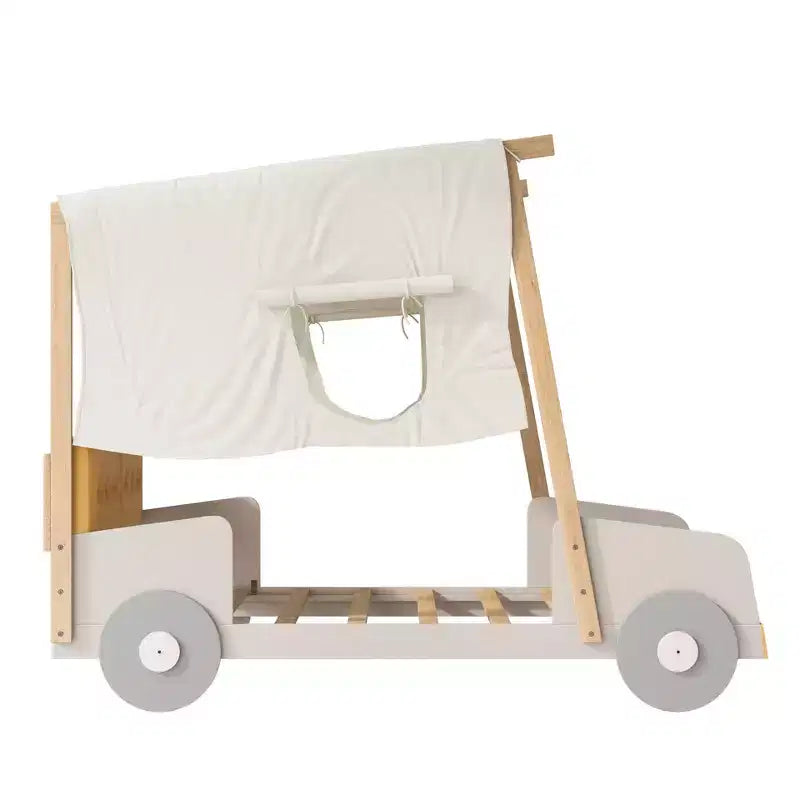 Lit de voiture en bois avec oreillers, tissu de plafond, naturel