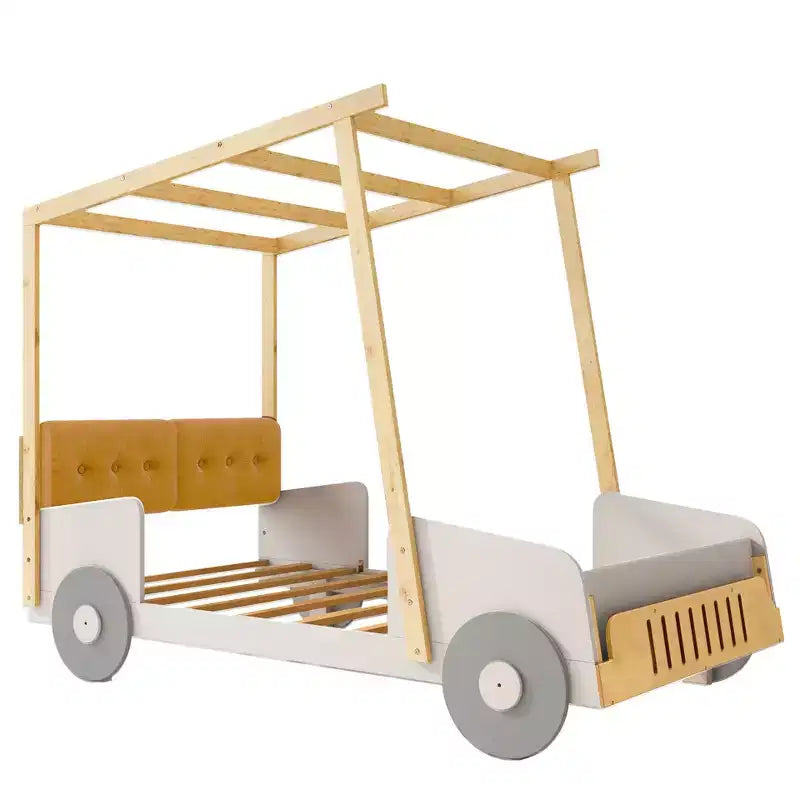 Lit de voiture en bois avec oreillers, tissu de plafond, naturel