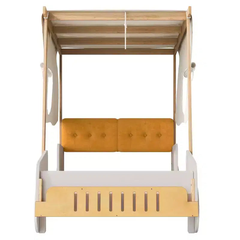 Lit de voiture en bois avec oreillers, tissu de plafond, naturel