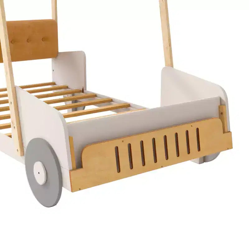 Lit de voiture en bois avec oreillers, tissu de plafond, naturel