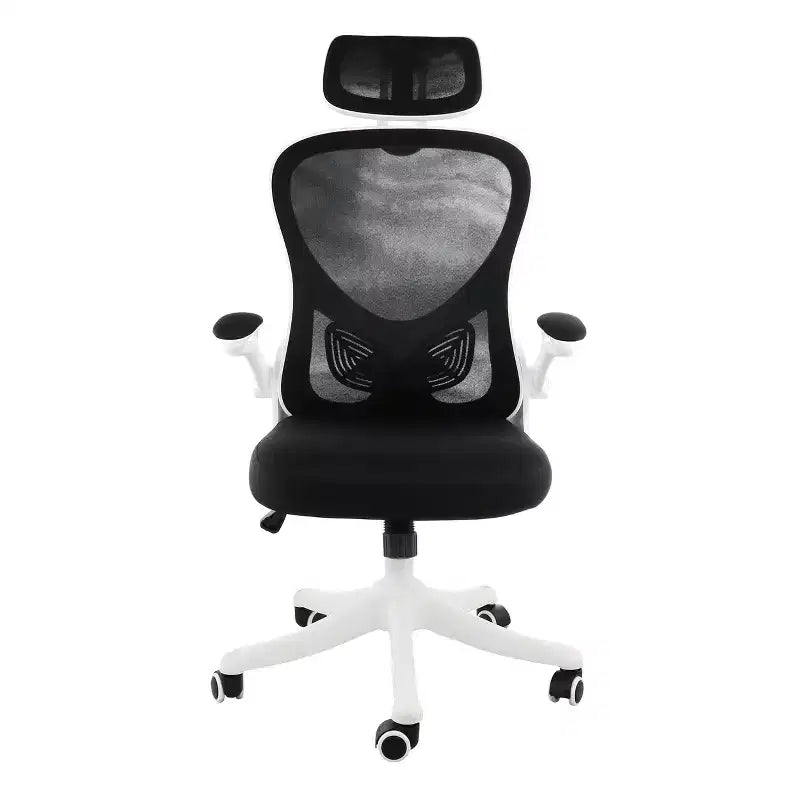 Chaise de bureau blanche et noire en maille et tissu à dossier haut et appui-tête réglable
