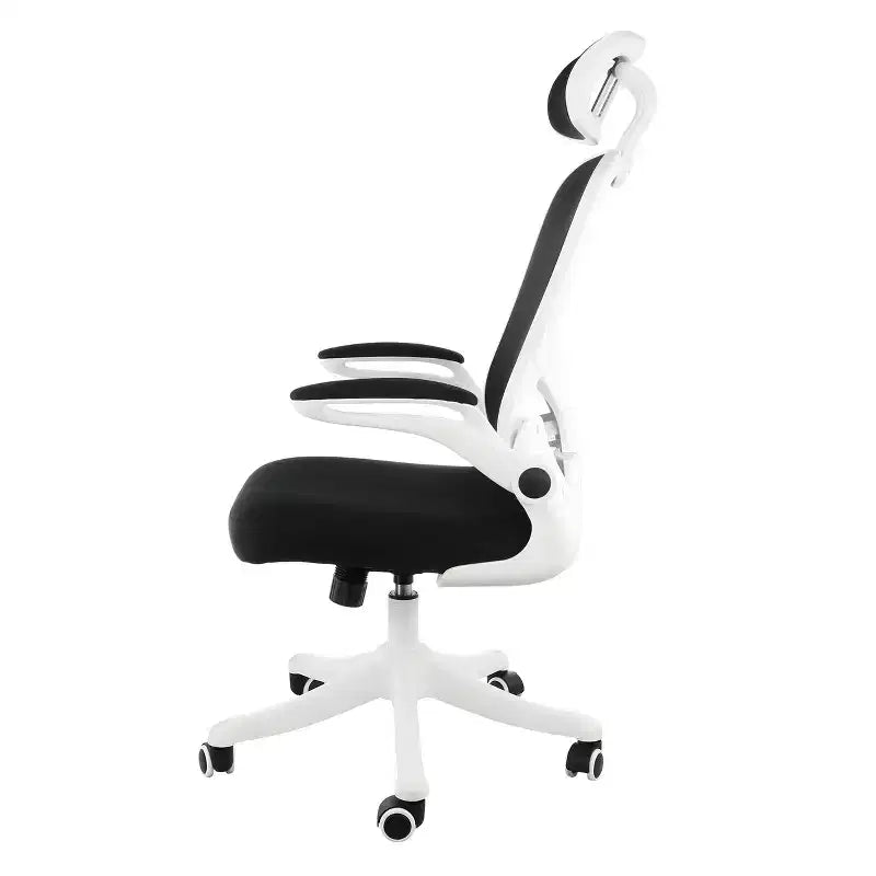 Chaise de bureau blanche et noire en maille et tissu à dossier haut et appui-tête réglable