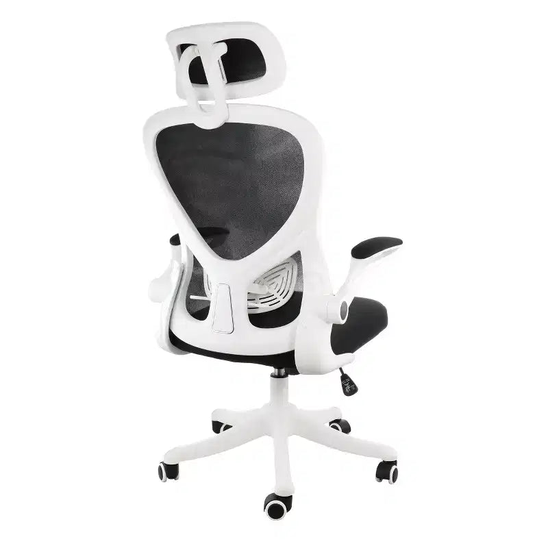 Chaise de bureau blanche et noire en maille et tissu à dossier haut et appui-tête réglable
