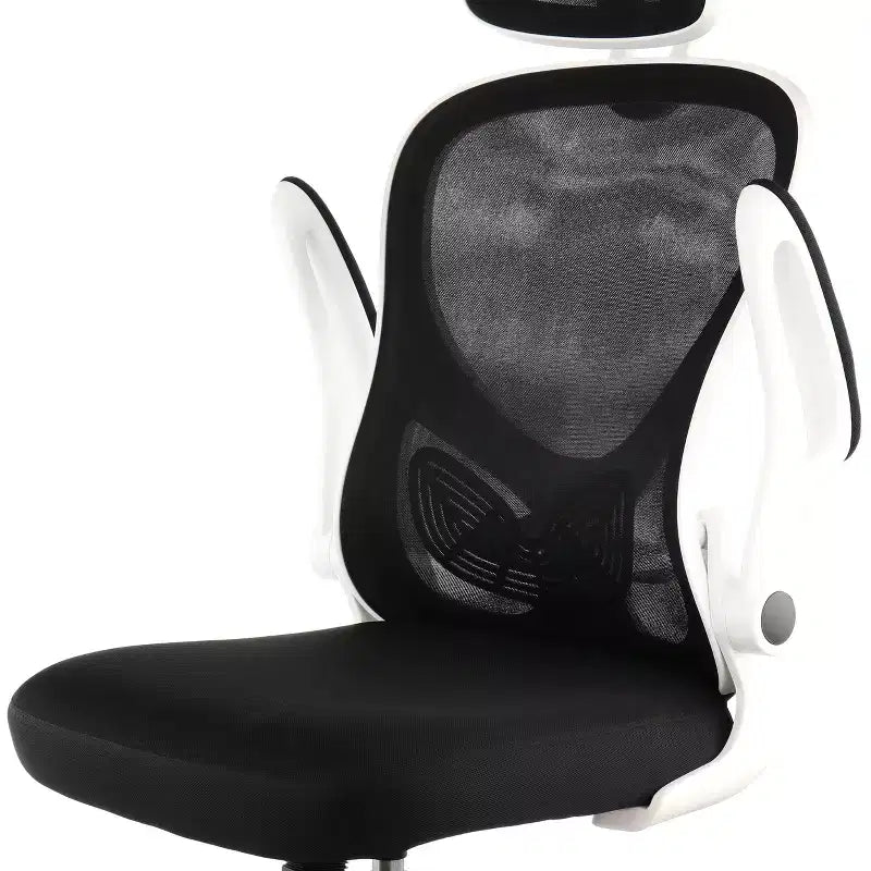 Chaise de bureau blanche et noire en maille et tissu à dossier haut et appui-tête réglable