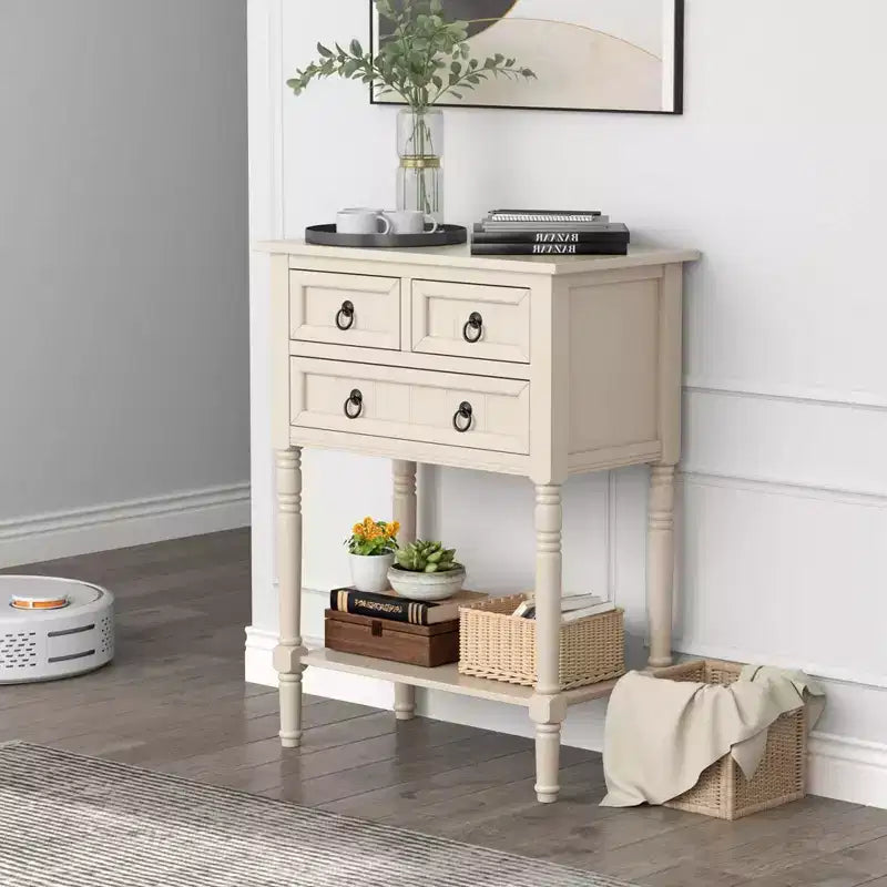 Table console d'entrée avec 3 tiroirs et étagère ouverte pour couloir, salon, beige