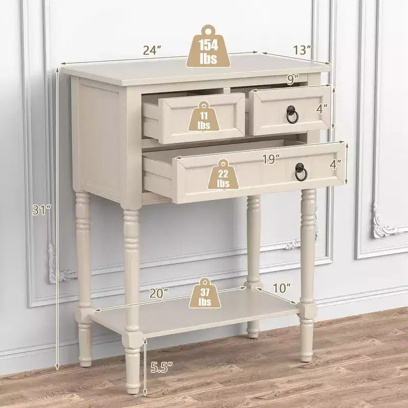 Table console d'entrée avec 3 tiroirs et étagère ouverte pour couloir, salon, beige