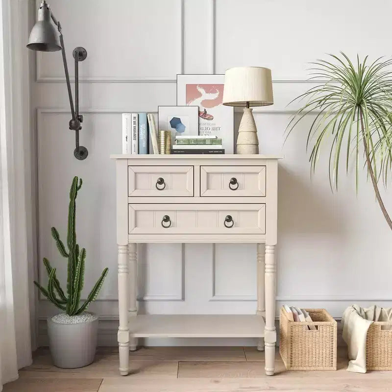 Table console d'entrée avec 3 tiroirs et étagère ouverte pour couloir, salon, beige