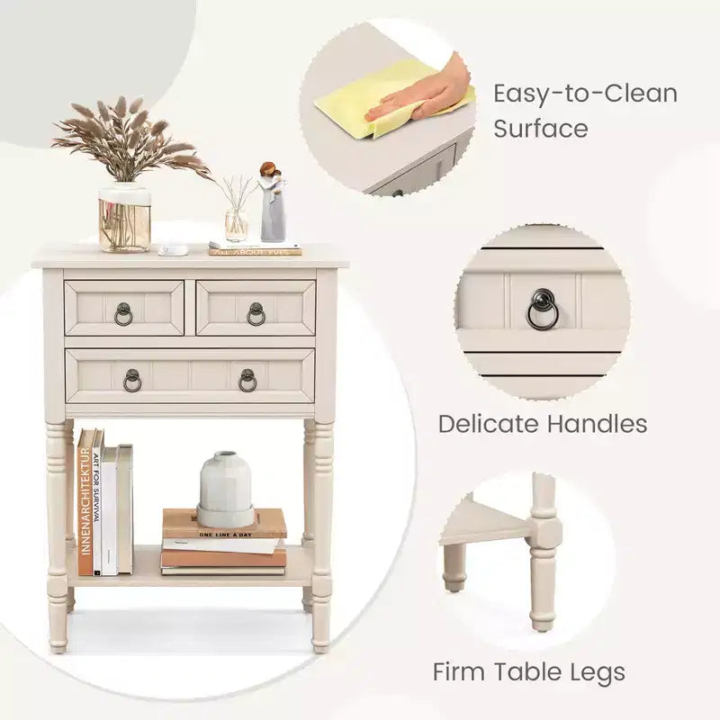 Table console d'entrée avec 3 tiroirs et étagère ouverte pour couloir, salon, beige