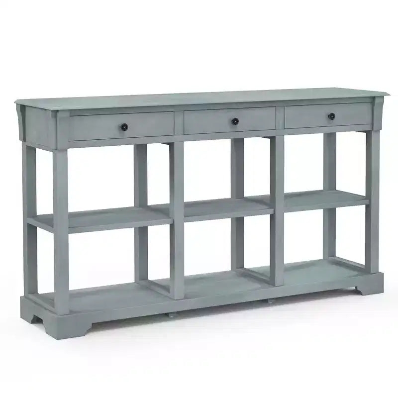 Table de canapé longue de 147 cm avec rangement, console rétro avec 3 tiroirs et étagères ouvertes, bleu/blanc