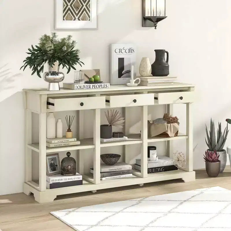 Table de canapé longue de 147 cm avec rangement, console rétro avec 3 tiroirs et étagères ouvertes, bleu/blanc