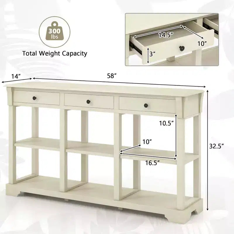 Table de canapé longue de 147 cm avec rangement, console rétro avec 3 tiroirs et étagères ouvertes, bleu/blanc