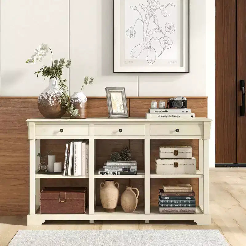 Table de canapé longue de 147 cm avec rangement, console rétro avec 3 tiroirs et étagères ouvertes, bleu/blanc