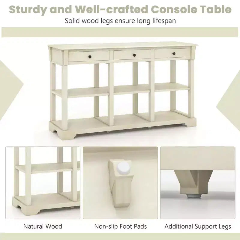 Table de canapé longue de 147 cm avec rangement, console rétro avec 3 tiroirs et étagères ouvertes, bleu/blanc