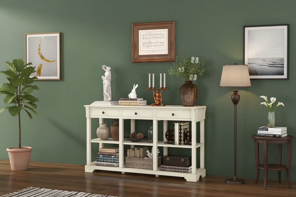 Table de canapé longue de 147 cm avec rangement, console rétro avec 3 tiroirs et étagères ouvertes, bleu/blanc