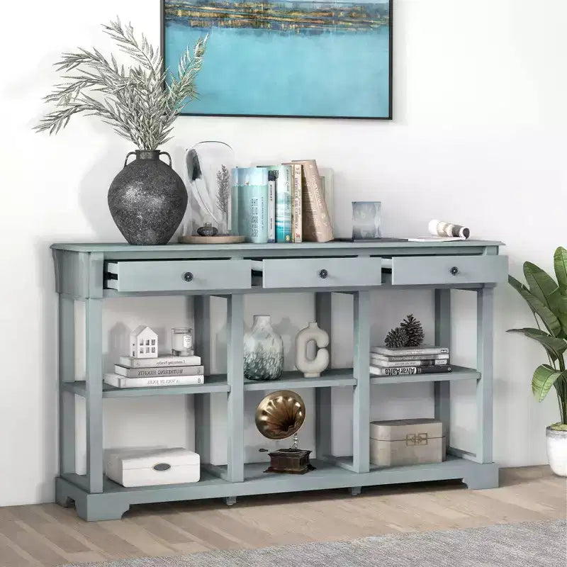 Table de canapé longue de 147 cm avec rangement, console rétro avec 3 tiroirs et étagères ouvertes, bleu/blanc